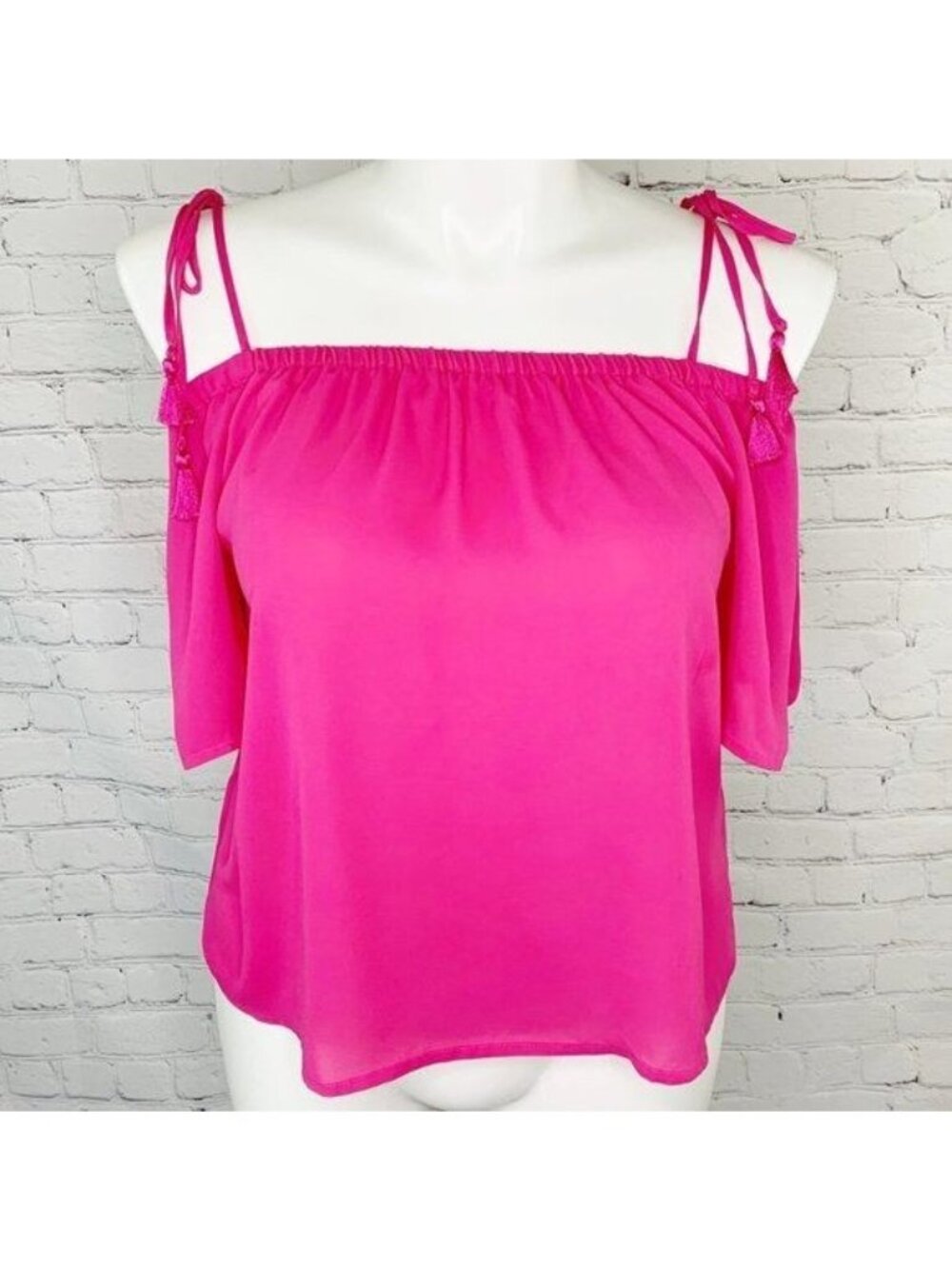 J. CREW MERCANTILE BRIGHT PINK OFF SHOULDER TASSEL TOP - 10